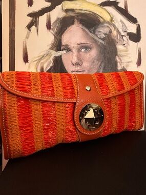 Kate Spade Woven Orange Straw Clutch with Leather Trim